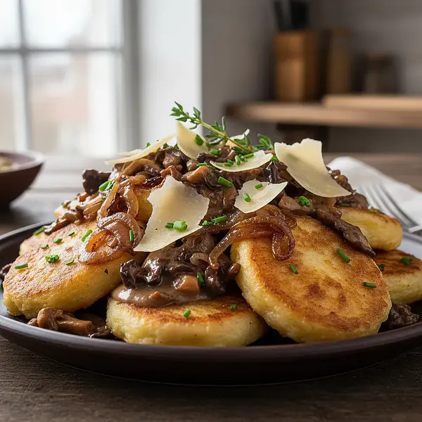 Łódź Prażoki with Caramelized Onions, Smoked Cheese, and Mushroom Sauce with Porter Beer
