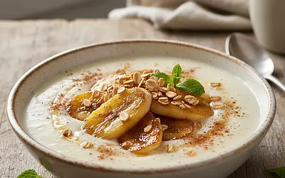 Kremowa Zupa Mleczna z Karmelizowanym Bananem i Prażonymi Płatkami Owsianymi