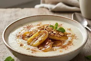 Creamy Milk Soup with Caramelized Banana and Toasted Oat Flakes