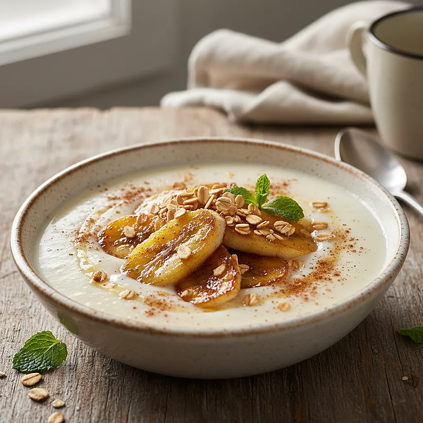Kremowa Zupa Mleczna z Karmelizowanym Bananem i Prażonymi Płatkami Owsianymi
