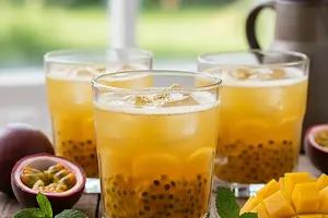 Homemade Caviar from Fruit Juice with Mango and Passion Fruit Flavor