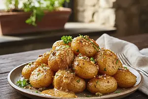 Confit Potatoes with Brine Crumble and Brown Butter Emulsion