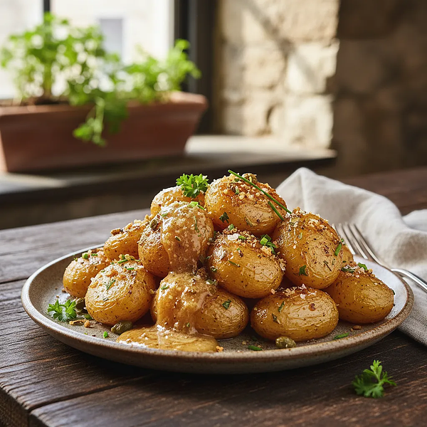 Ziemniaki Confit z Solankową Kruszonką i Emulsją z Palonego Masła