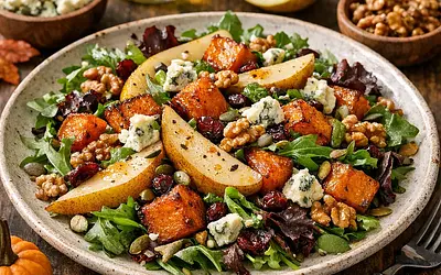 Autumn Salad with Roasted Pumpkin, Pear, and Gorgonzola Cheese