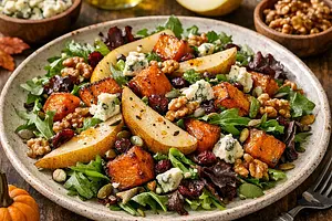 Autumn Salad with Roasted Pumpkin, Pear, and Gorgonzola Cheese