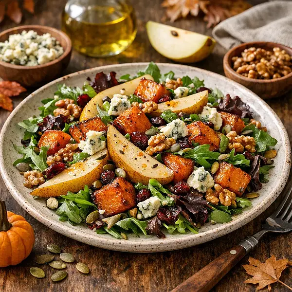 Autumn Salad with Roasted Pumpkin, Pear, and Gorgonzola Cheese