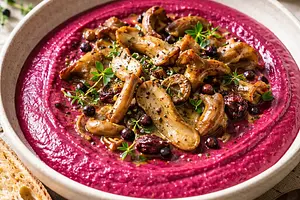 Velvety cream of roasted beets and forest mushrooms with a hint of juniper