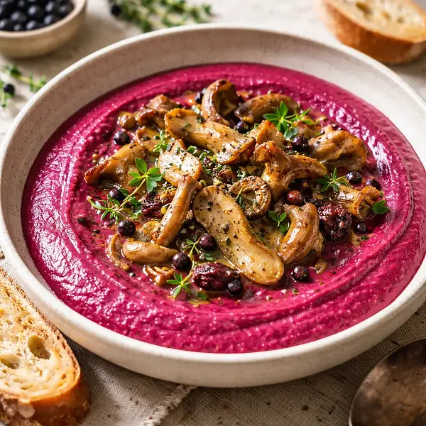 Aksamitny krem z pieczonych buraków i leśnych grzybów z nutą jałowca