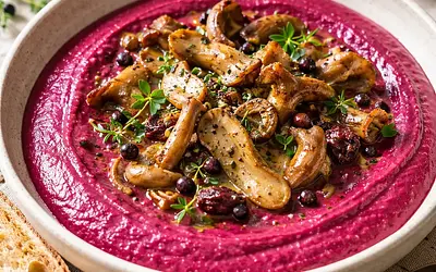 Velvety cream of roasted beets and forest mushrooms with a hint of juniper