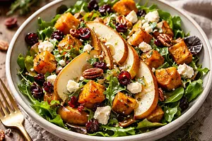 Autumn Salad with Roasted Pumpkin, Pear, and Gorgonzola Cheese