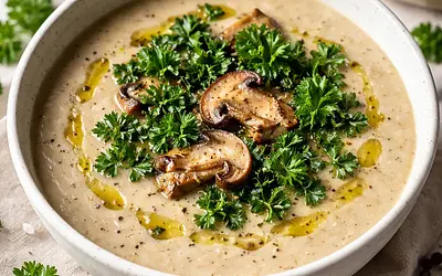 Creamy porcini mushroom soup with parsley chips and truffle oil