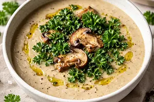 Creamy porcini mushroom soup with parsley chips and truffle oil