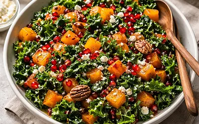 Autumn Salad with Roasted Butternut Squash, Kale, and Pomegranate