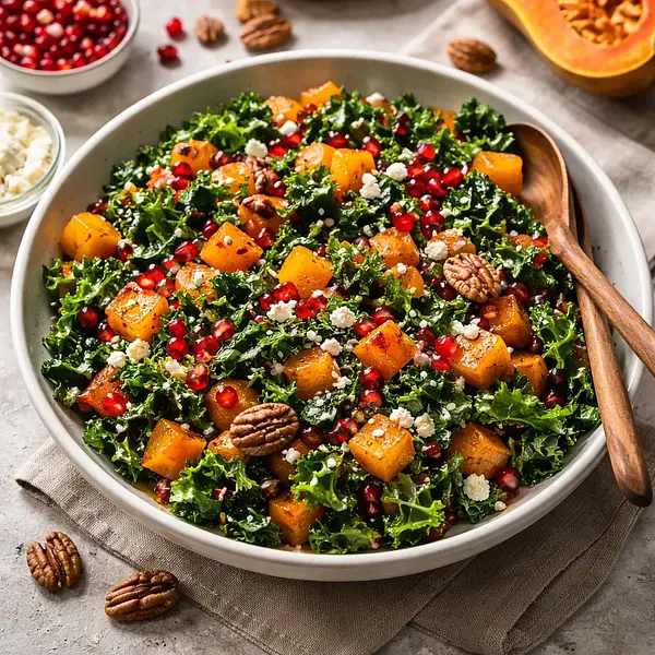 Autumn Salad with Roasted Butternut Squash, Kale, and Pomegranate