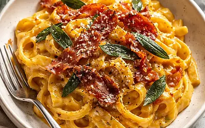 Tagliatelle z Kremowym Sosem Dyniowym, Szałwią i Chrupiącym Prosciutto