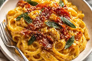 Tagliatelle with Creamy Pumpkin Sauce, Sage, and Crispy Prosciutto
