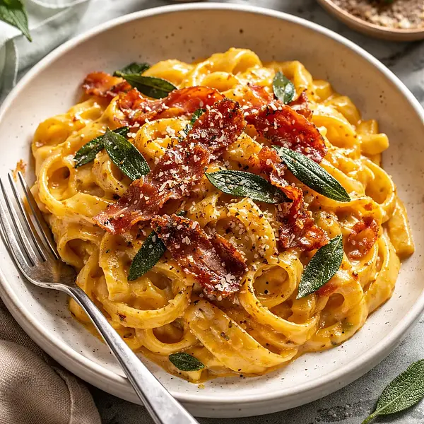 Tagliatelle with Creamy Pumpkin Sauce, Sage, and Crispy Prosciutto