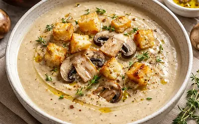 Creamy Mushroom Soup with a Touch of Truffle and Garlic Croutons