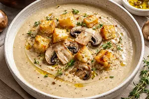 Creamy Mushroom Soup with a Touch of Truffle and Garlic Croutons