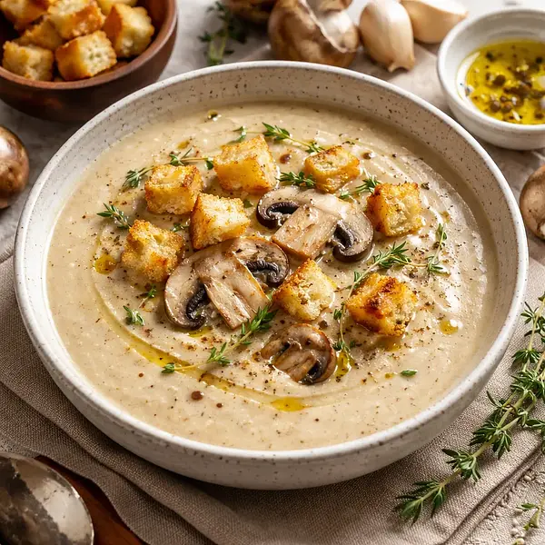 Kremowa Zupa Grzybowa z Nutą Truflową i Grzankami Czosnkowymi