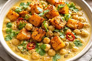 Kremowe Curry z Pieczoną Dynią i Ciecierzycą