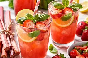 Rhubarb-Strawberry Lemonade with a Hint of Basil
