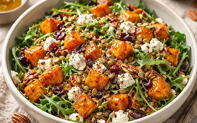 Autumn salad with roasted pumpkin, spelt groats, and feta cheese