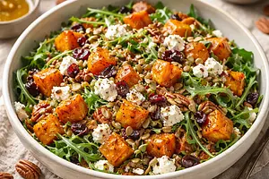 Autumn salad with roasted pumpkin, spelt groats, and feta cheese