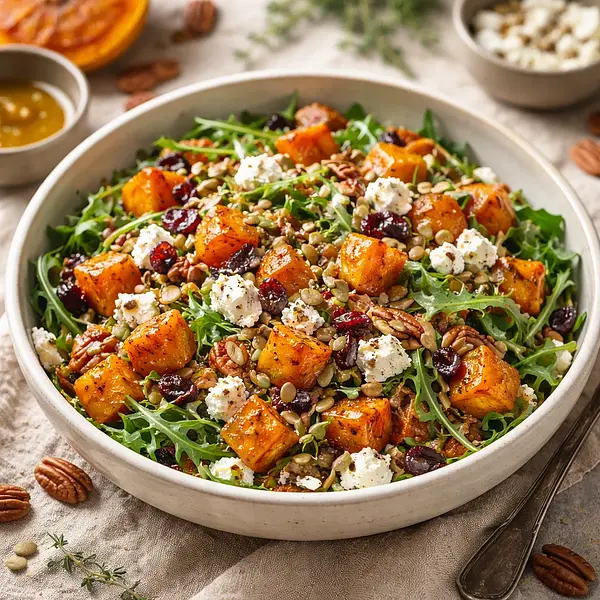 Autumn salad with roasted pumpkin, spelt groats, and feta cheese