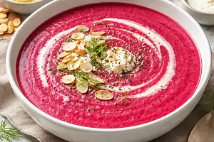 Creamy roasted beet soup with a hint of horseradish and toasted almonds