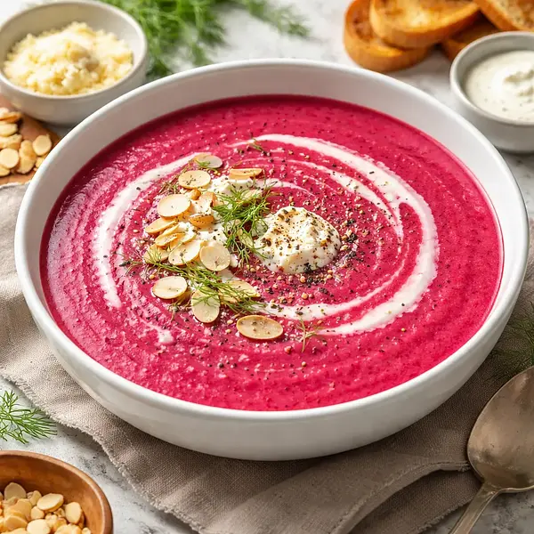 Creamy roasted beet soup with a hint of horseradish and toasted almonds