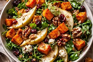Autumn Salad with Roasted Pumpkin, Pear, and Gorgonzola Cheese