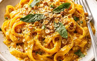 Tagliatelle w aksamitnym sosie z pieczonej dyni z szałwiowym masłem i prażonymi orzechami laskowymi