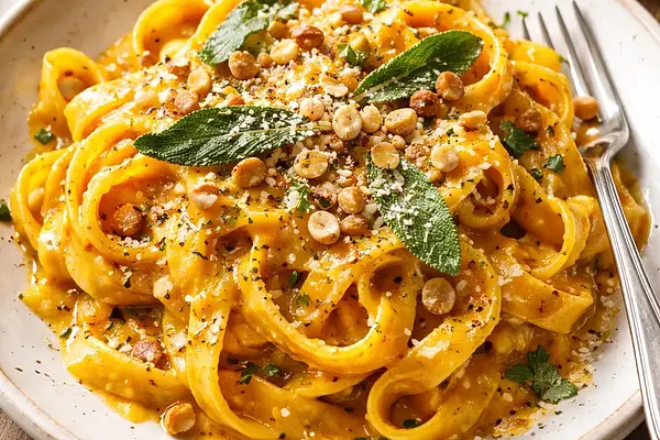 Tagliatelle w aksamitnym sosie z pieczonej dyni z szałwiowym masłem i prażonymi orzechami laskowymi