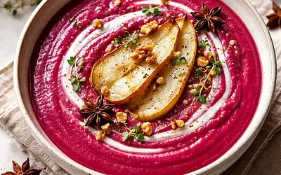Velvety cream of roasted beets and pears with a hint of anise