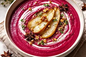 Velvety cream of roasted beets and pears with a hint of anise