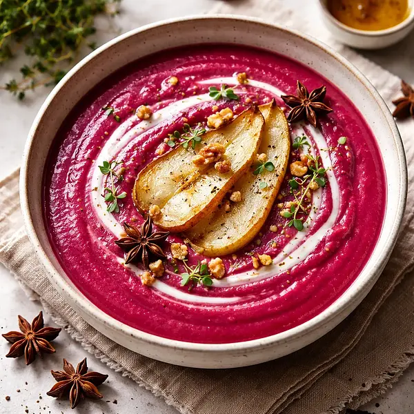 Velvety cream of roasted beets and pears with a hint of anise