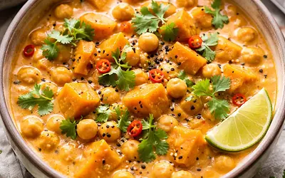Creamy pumpkin and chickpea curry in coconut milk