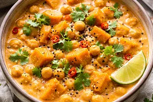 Creamy pumpkin and chickpea curry in coconut milk