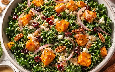 Autumn Salad with Roasted Pumpkin, Kale, and Maple-Tahini Dressing