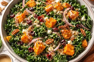 Autumn Salad with Roasted Pumpkin, Kale, and Maple-Tahini Dressing