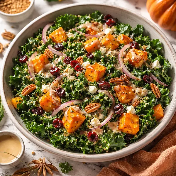 Autumn Salad with Roasted Pumpkin, Kale, and Maple-Tahini Dressing