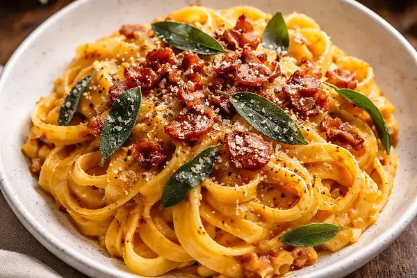 Tagliatelle z kremowym sosem z pieczonej dyni, szałwią i chrupiącym boczkiem