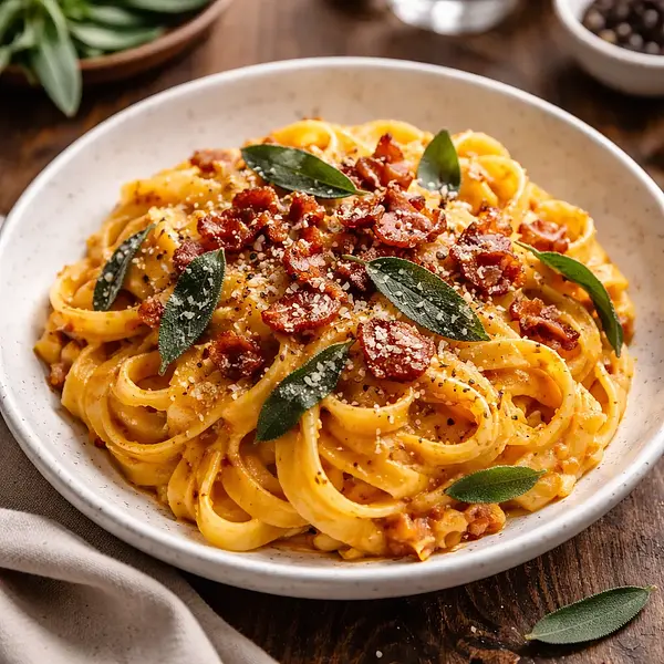 Tagliatelle z kremowym sosem z pieczonej dyni, szałwią i chrupiącym boczkiem