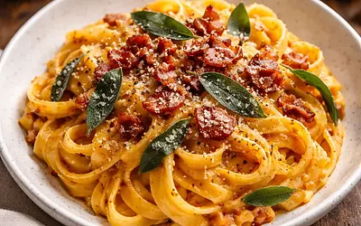 Tagliatelle z kremowym sosem z pieczonej dyni, szałwią i chrupiącym boczkiem
