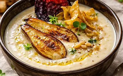 Roasted Parsnip Cream with Pear and Smoked Plum Chip