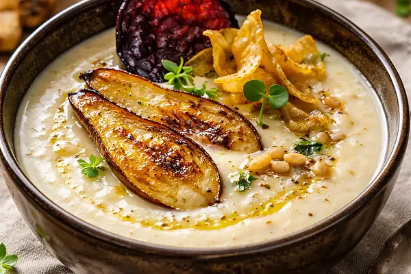 Krem z Pieczonego Pasternaku z Gruszką i Chipsem z Wędzonej Śliwki