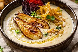 Roasted Parsnip Cream with Pear and Smoked Plum Chip