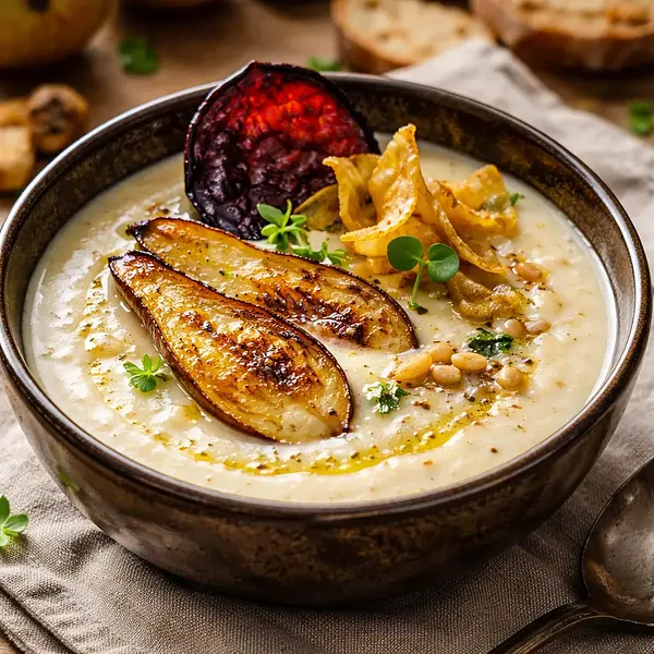 Roasted Parsnip Cream with Pear and Smoked Plum Chip