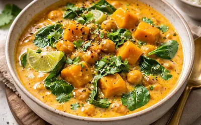 Creamy pumpkin and chickpea curry with coconut milk and spinach
